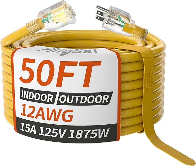 PlugSaf 50ft 12/3 Gauge Outdoor Extension Cord Waterproof with Lighted Indicator, 12 Gauge SJTW Heavy Duty 15Amp 1875W, 3 Prong Cords Flexible Copper Yellow ETL Listed