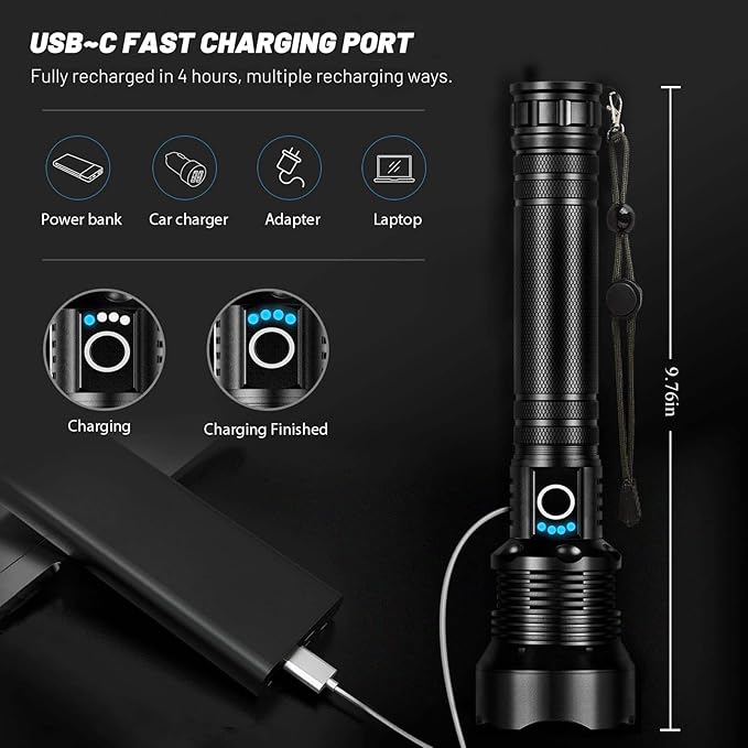 Rechargeable Flashlights 99,000 Lumens, Super Bright LED Flashlight High Lumens with USB Cable, 5 Modes Waterproof Flashlight Powerful Flash Light for Home Camping Hiking