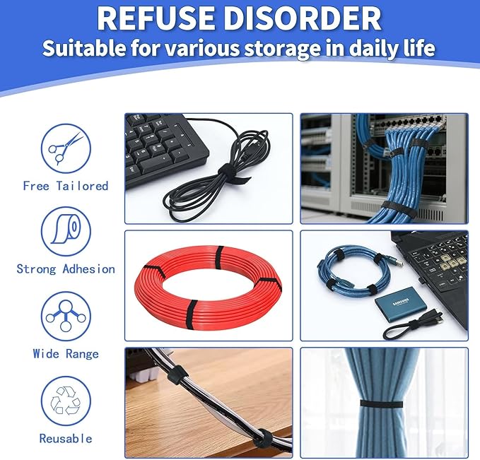1In x 50Ft Reusable Cable Ties Hook and Loop Roll | Tie Down Straps, Nylon Double-Sided Strips, | Adjustable Multi-Purpose Wrap Fasteners forOffice, Home, Data Center