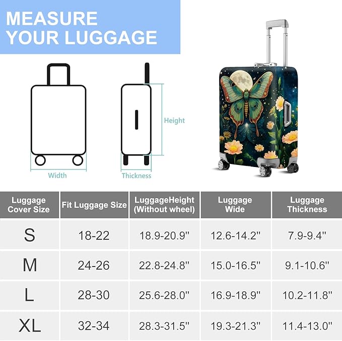 Moonlit Butterfly Flower MothTravel Luggage Cover -Stretchable Airplane Suitcase Protector Sleeve,Universal Washable Fit for 32-34 Inch Checked Baggage,Water Resistant Durable Luggage Protector
