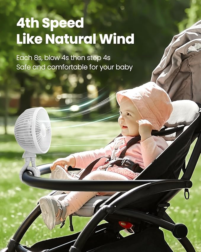 Gaiatop Oscillating Baby Stroller Fan with LED Night Light, 4 Speeds Cooling Rechargeable 360° Rotate Clip On, Battery Operated Small Portable Fans for Car Seat Crib Treadmill Travel