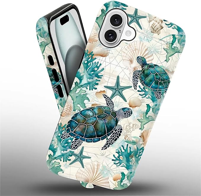 for iPhone 16 Plus Case,HH2 Ocean Sea Turtle Nautical Map Hybrid 2 Layer Hard Shell Silicone Protective Pattern Design Case