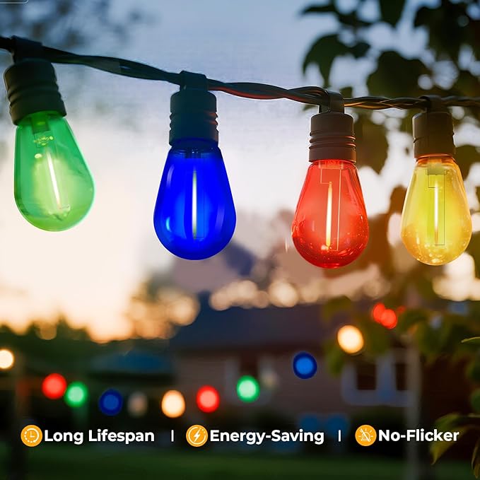 GvvooHome 15 Pack S14 Colored LED String Light Bulbs, 1W Plastic Shatterproof Replacement Bulbs for Outdoor Patio Backyard Lights, E26 Medium Base, Dimmable, Warm White 2200K, Red/Green
