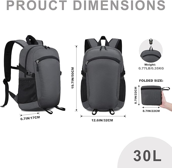Lightweight Hiking Backpack 30L Packable Foldable Daypack Collapsible Travel Bag Water-Resistant for Women Men (Gray)