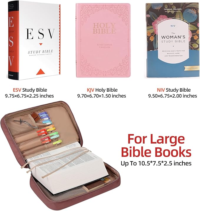FINDCOZY Bible Cover for Women, Durable Carrying Book Case Church Bag for Biblical Accessories with Handle and Zippered Pocket,Rosewood-Pink