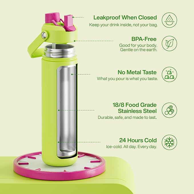 ENCOOL Insulated Water Bottle with Straw Stainless Steel Water Bottle, Leak-Proof, BPA-Free, Double Wall Vacuum Keeps Cold for 24 Hours for Sports, Travel, School (26 oz, Acid Green)