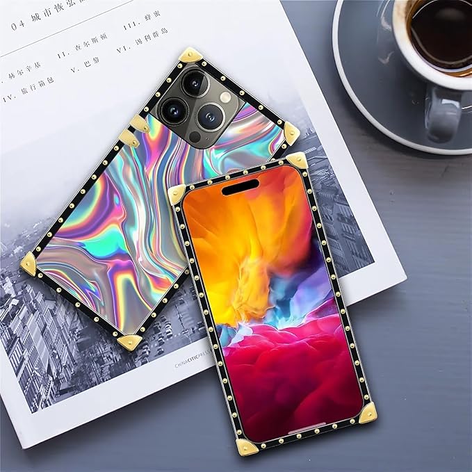 Compatible with iPhone 15 Pro Max Case, Holographic Abstract Iridescent Textures Luxury Golden Decoration for Girl Women Soft TPU Shockproof Protective Hard PC Back