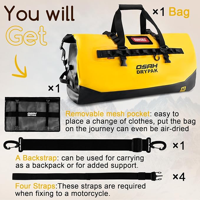 OSAH DRYPAK Waterproof Duffel Bag 25L/40L/60L – Heavy-Duty Motorcycle Tail Bag, Roll-Top Dry Bag for Travel, Camping, Boating, Kayaking, Outdoor Adventure