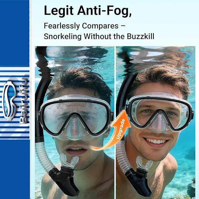 Bairuifu 2-Pack Snorkel Gear for Adults | Enhanced Anti-Fog & Anti-Leak Snorkeling Mask | Breath-Free Dry Snorkel | 180° Panoramic View with Quick-Dry Bags