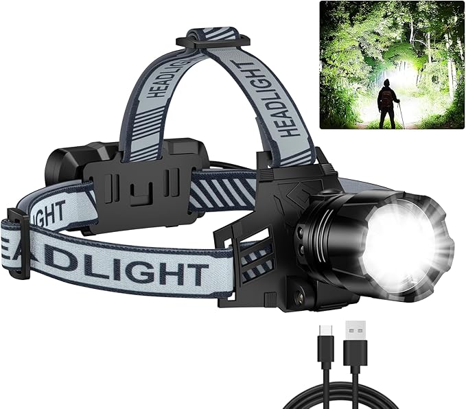 NiaoChao Headlamp Rechargeable, 99000 LM Super Bright LED Head Lamp with 3 Modes, 90° Adjustable Head Lights for Forehead, 20+Hrs Runtime & IPX6 Waterproof HeadLamps for Camping Running