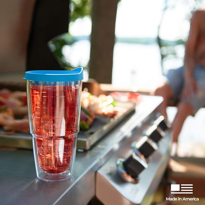 Tervis Clear & Colorful Lidded Made in USA Double Walled Insulated Tumbler Travel Cup Keeps Drinks Cold & Hot, 24oz, Red Lid