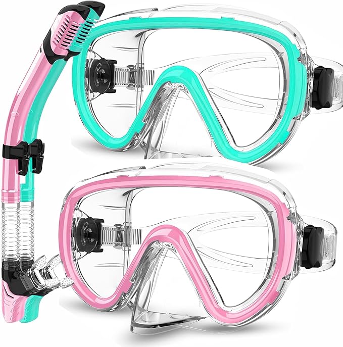 Bairuifu 2-Pack Snorkel Gear for Adults | Enhanced Anti-Fog & Anti-Leak Snorkeling Mask | Breath-Free Dry Snorkel | 180° Panoramic View with Quick-Dry Bags