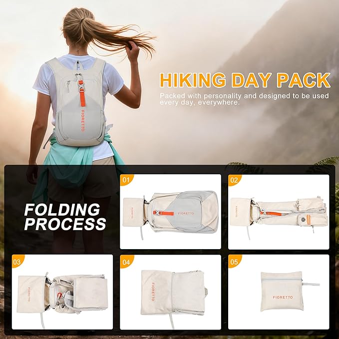 FIORETTO 20L Hiking Backpack for Women Men Mini Packable Backpack Lightweight Small Daypack for Camping Travel Outdoor, Beige