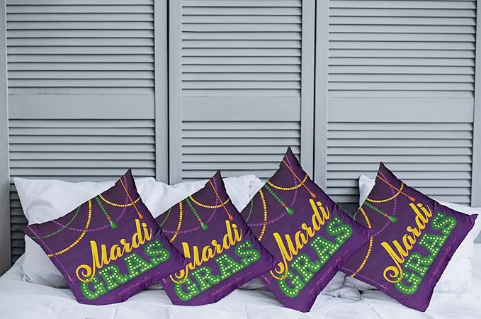 Ambesonne Mardi Gras Throw Pillow Cushion Case Pack of 4, Beads and Tassels Masquerade Theme Calligraphy Design Fun Print, Modern Accent Double-Sided Digital Printing, 18", Purple Marigold