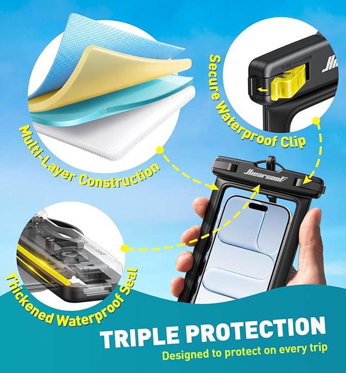 Hiearcool Waterproof Phone Pouch,Waterproof Cell Phone Dry Bag for iPhone,Universal Waterproof Case Beach Essentials for Vacation Kayak Cruise Accessories Must Haves-Black&Yellow-2Pack