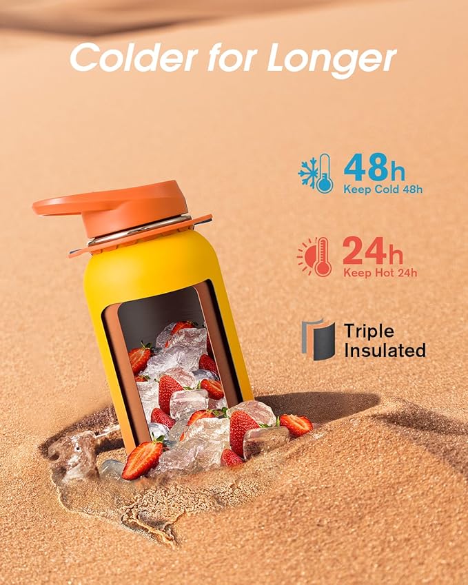 Coolflask Water Bottle with Straw, 32 oz Insulated Metal Water Flask with Straw & Spout Lids, Stainless Steel Double Wall Vacuum, Keep Cold 48h Hot 24h, Leak Proof, BPA-Free, Yellow/Orange