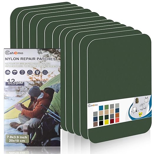 Cahomo 7.9x3.9 inch 12 PCS Nylon Repair Patch Nylon Repair Tape Self Adhesive Fabric Tapes Outdoor Camping Gear Fabric kit for Tent, Umbrella, Down Jackets, Sleeping Bag, Knapsack（Army Green）