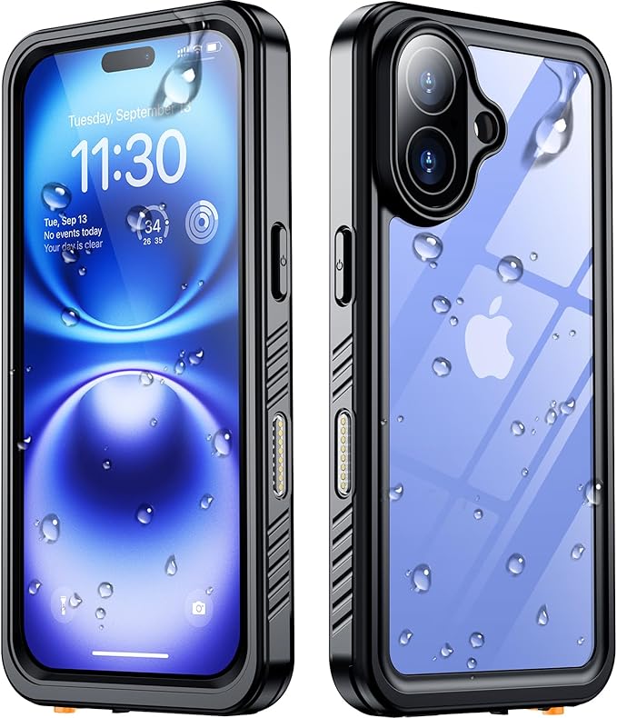 SPIDERCASE for iPhone 16 Case with Lanyard, 12FT Military Heavy Duty Rugged IP68 Underwater Full Body Sealed Protection Phone Case 6.1”, [Built-in Camera & Screen Protector], Black/Clear