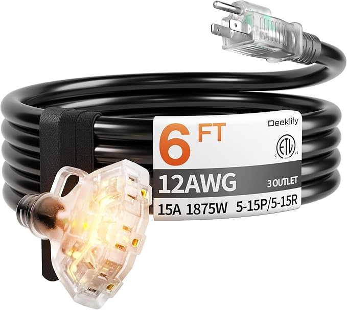 6 ft 12 Gauge 3 Outlet Extension Cord Splitter with Indicator, Waterproof Indoor/Outdoor Extension Cord with Multiple Outlets, 15A 1875W for Home & Workshop, ETL Listed, Flexible Black SJTW