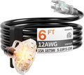 6 ft 12 Gauge 3 Outlet Extension Cord Splitter with Indicator, Waterproof Indoor/Outdoor Extension Cord with Multiple Outlets, 15A 1875W for Home & Workshop, ETL Listed, Flexible Black SJTW