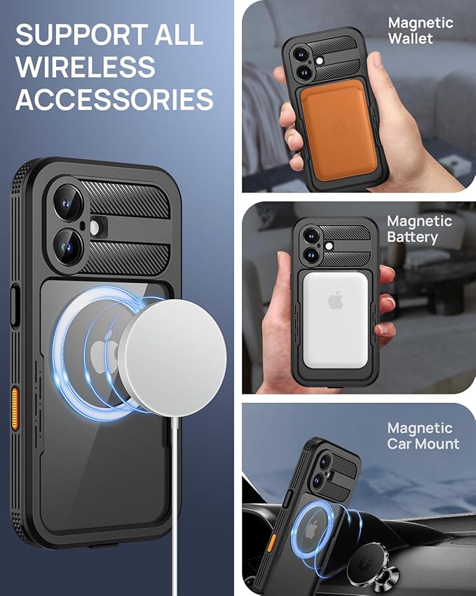 Lanhiem Magnetic for iPhone 17 Case, IP68 Waterproof Dustproof Case, [Compatible with Magsafe] [Built-in Screen Protector] Full Body Heavy Duty Rugged Phone Cover 6.3 inch, Black/Clear
