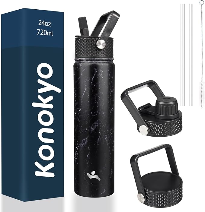 Konokyo Insulated Water Bottle 24oz Stainless Steel Sport Bottles with 3 Lids,Marble Midnight