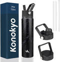 Konokyo Insulated Water Bottle 24oz Stainless Steel Sport Bottles with 3 Lids,Marble Midnight
