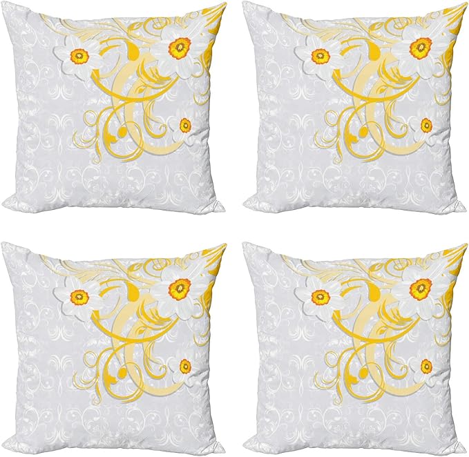 Ambesonne Daffodil Throw Pillow Cushion Case Pack of 4, Daffodils on Ornate Background Floral Repeating Swirling Curves Spring Pattern, Modern Accent Double-Sided Digital Printing, 20", Grey Yellow