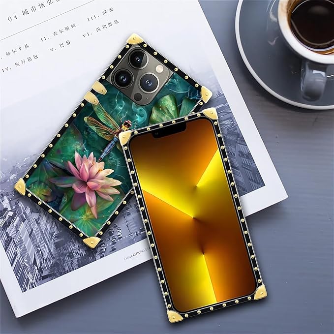 Compatible with iPhone 13 Pro Case, Colourful Dragonfly Pink Lily Pads Luxury Golden Decoration for Girl Women Soft TPU Shockproof Protective Hard PC Back for iPhone 13 Pro