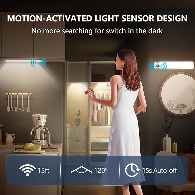 RUIKORING Under Cabinet Lighting, 3 Colors, Motion Sensor Light Indoor, LED Rechargeable Closet Lights Battery Operated, Dimmable Night, Stick-On Magnetic Cabinet Lights for Kitchen Stairs Hallway
