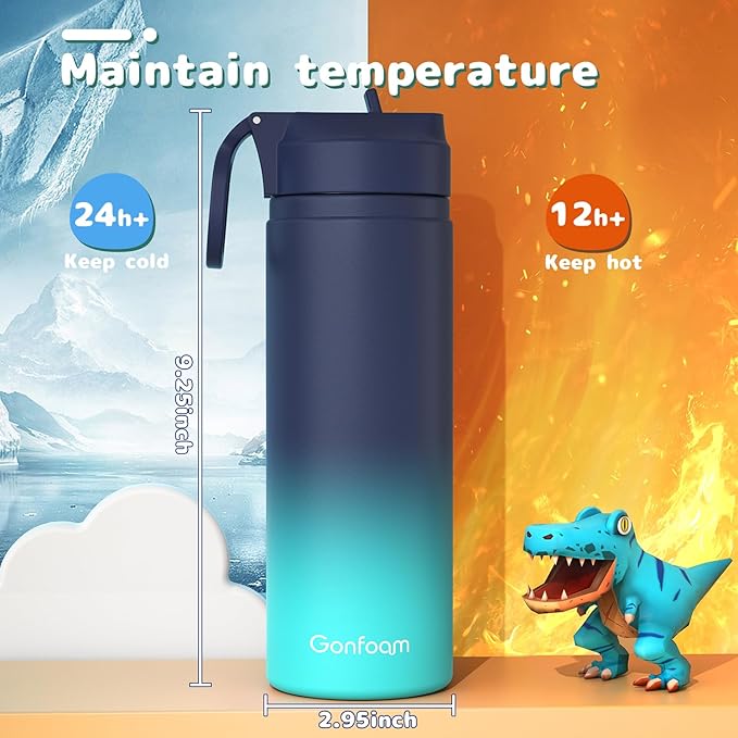 Kids Water Bottle, 2-Pack 20oz Water Bottles with Stickers and Straw, Stainless Steel Vacuum Insulated cup, Kids Water Bottle for School, Gifts for Boys and Girls(Blue/Purple)