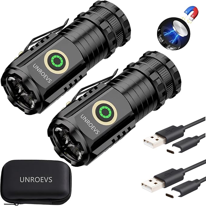 UNROEVS Mini Flashlight 2550 Lumens Rechargeable USB C Charging, Small Flashlights High Lumens 5 Modes, Pocket Flashlight with Clip, Magnetic Flashlight for EDC,Camping, Hiking,Emergency(2 Pack)