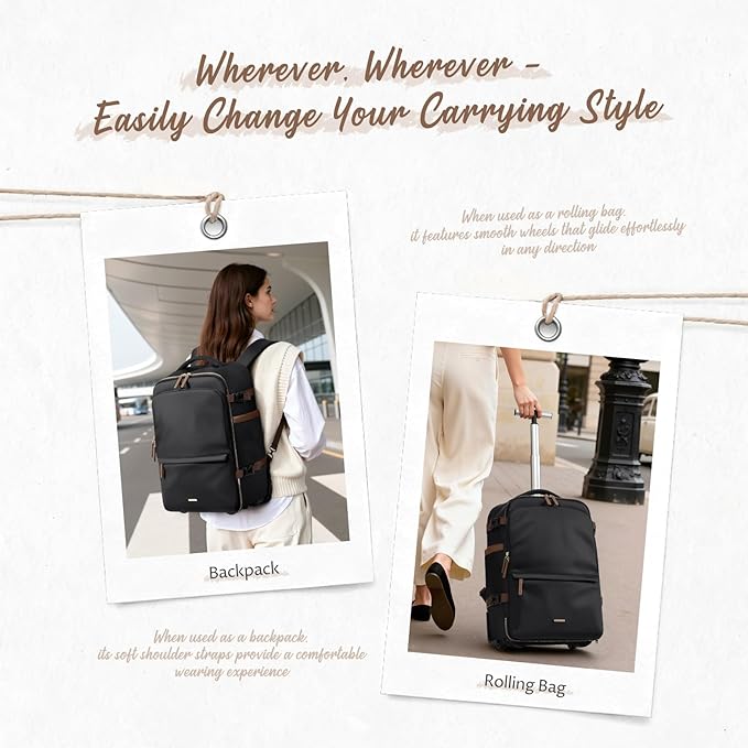 GOLF SUPAGS Rolling Backpack for Women 17 Inch Convertible Travel Laptop Backpack with Wheels, 32L Carry On Business Luggage Daypack Water-Resistant Rolling Bag for Work Short Trips (Black)