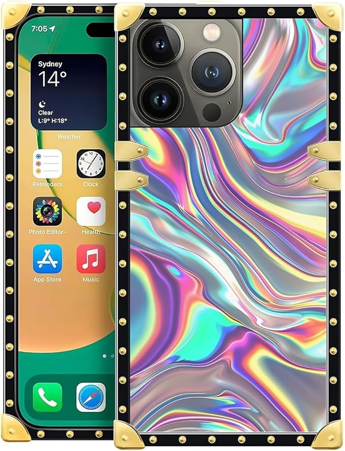 Compatible with iPhone 14 Pro Max Case, Holographic Abstract Iridescent Textures Luxury Golden Decoration for Girl Women Soft TPU Shockproof Protective Hard PC Back