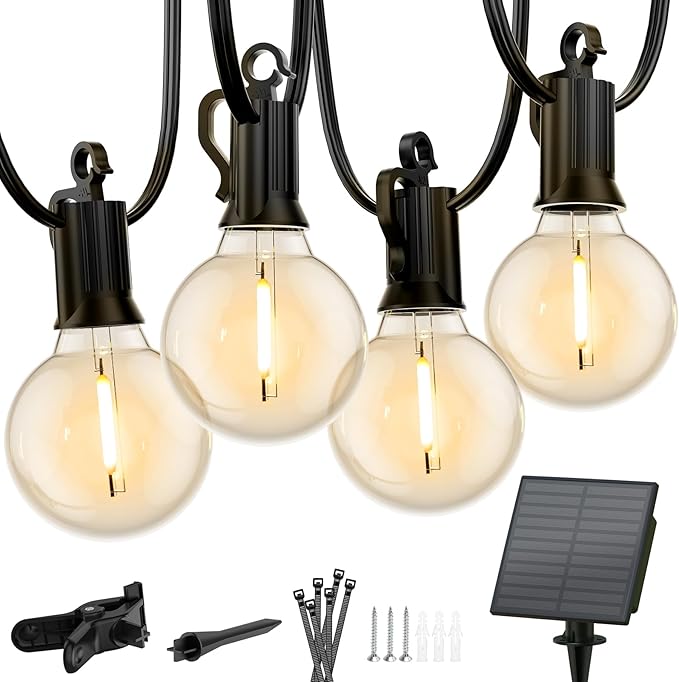 Minetom 158FT Solar String Lights Outdoor with Cable Ties and Hooks, Commercial Waterproof Solar Powered Patio Lights with 75 LED Shatterproof Bulbs, Hanging Light for Outside Backyard Garden Decor
