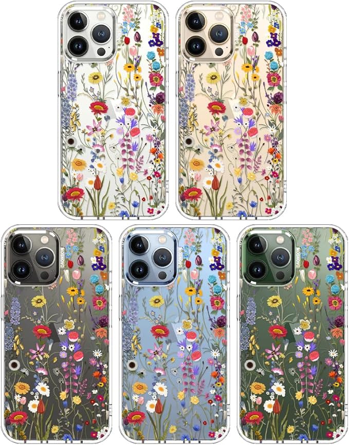 MOSNOVO Case for iPhone 13 Pro Max, [Buffertech 6.6ft Military-Grade Drop Protection] [Anti Peel Off Tech] Clear TPU Bumper Phone Case Cover Design - Wildflower Meadow