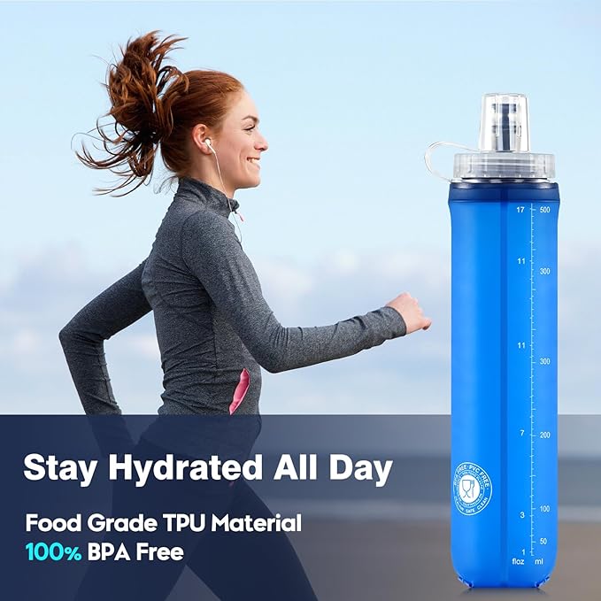 SLUXKE Soft Flask 2 Pack with Dust Cap, 17oz/500ml Flexible TPU Soft Water Flasks for Running Vest, BPA-Free Hydration Foldable Flask for Hiking, Cycling