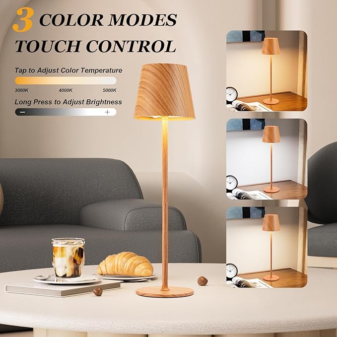 Kakanuo Cordless Table Lamp Rechargeable - Wood Grain 2 Pack 5000mAH Battery Operated Lamp for Counter, 3 Color Stepless Dimming Wireless Lamp for Dining Kitchen, Outdoor Patio, Touch Control
