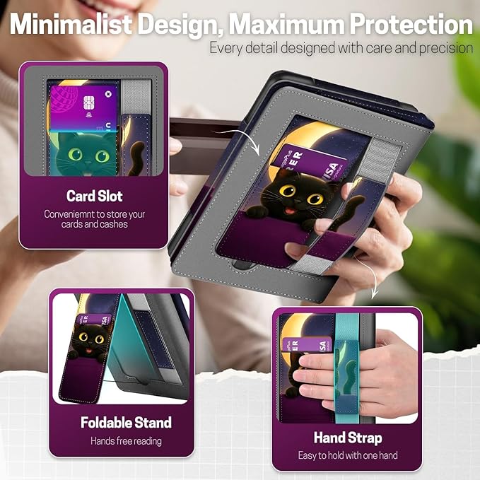 TNP Stand Case for Kindle Paperwhite 12th Generation 2024 / Kindle Colorsoft Signature Edition with Hand Strap & Card Slot - 7" PU Leather Protective Folio Cover with Auto Wake/Sleep, Cat Moon