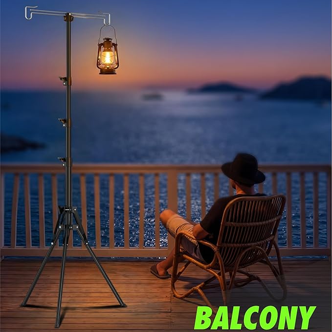 Telescopic Height Adjustable Camping Lantern Tripod Stand - 2-Hook Lantern Hanger for Outdoor Camping/RV/Tent