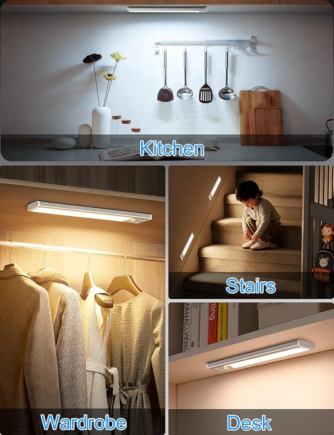 Under Cabinet Lighting with Charging Station, 2000mAh Rechargeable Motion Sensor Light Indoor, 3 Color Tempers Dimmable Closet Lights Wireless, Magnetic Under Cabinet Lights for Kitchen, 3-Pack