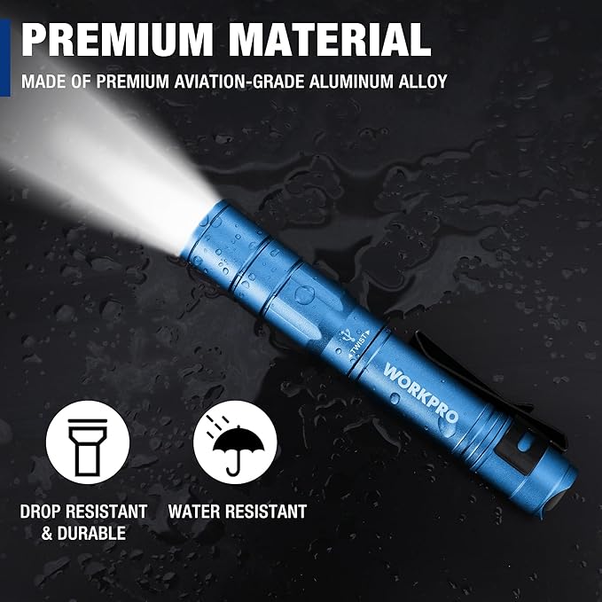 WORKPRO Rechargeable Pen Light, Mini Flashlight, 2 Pack Ultra-Compact EDC Flashlight, Pocket Flashlight with Clip, Memory Function and 2 x USB C Cable Included, Blue