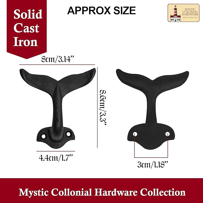 Mystic Colonial Rustic Cast Iron Wall Hanger, Heavy Duty Fish Tail Style Retro Utility Hooks, Multi Purpose Wall Mount Hanger for Hanging Coat, Bag, Towel, Robe, Hat - Black, Pair