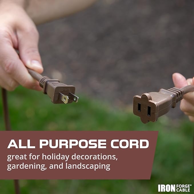Iron Forge Cable 2 Prong Outdoor Extension Cord 6 ft, 16/2 SJTW 6 Foot Brown Extension Cord, Weatherproof - Great for Outdoor Lights, Deck, Patio