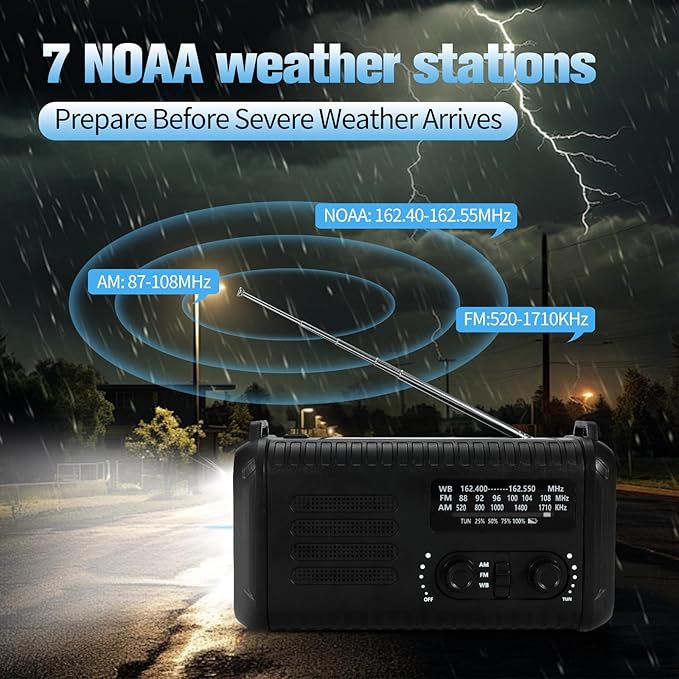 20000mAh Emergency Crank Radio, NOAA/AM/FM Portable Weather Radio, Solar Hand Crank Radio, Battery Powered with USB Phone Charger, Flashlight Reading Lamp & SOS for Survival Camping (Black)