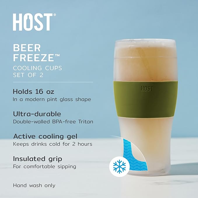 Host FREEZE Beer Cooling Cups, Frozen Beer Mugs, Freezable Pint Glass Set, Insulated Pint Glass to Keep Your Drinks Cold, Double Walled Insulated Glasses, Gift for Dad,16oz, Set of 2, Olive