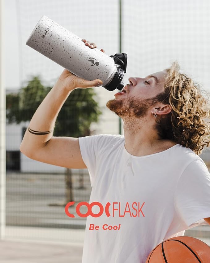 Coolflask Water Bottle 40 oz Insulated with Straw, Stainless Steel Metal 3 Lids Water Flask for Sports or Office, Keep Cold 48H Hot 24H, Arctic White