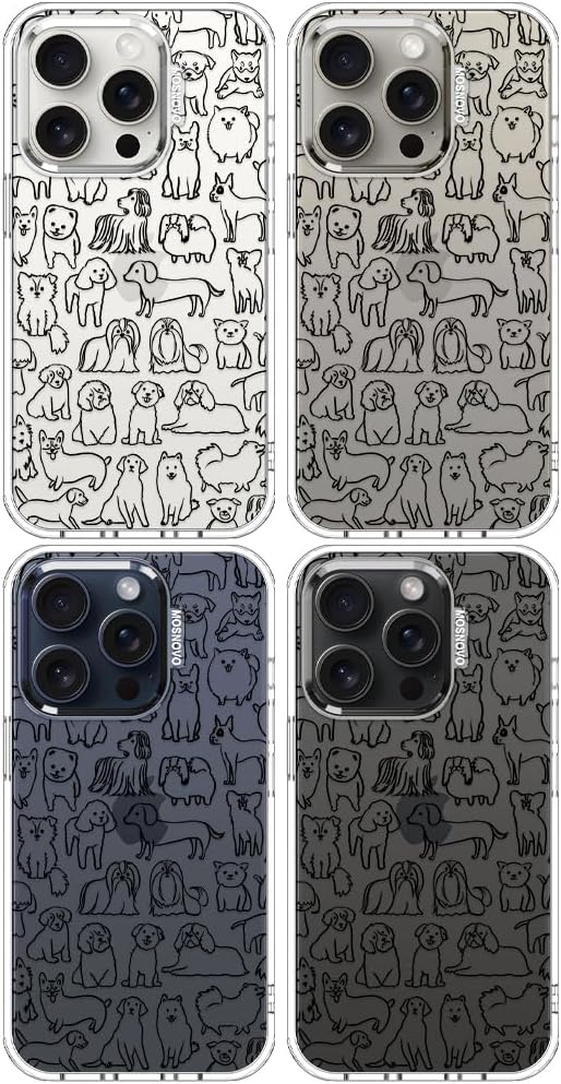 MOSNOVO Case for iPhone 15 Pro, [Buffertech 6.6ft Military-Grade Drop Protection] [Anti Peel Off Tech] Clear TPU Bumper Phone Case Cover Design - Doodle Dog