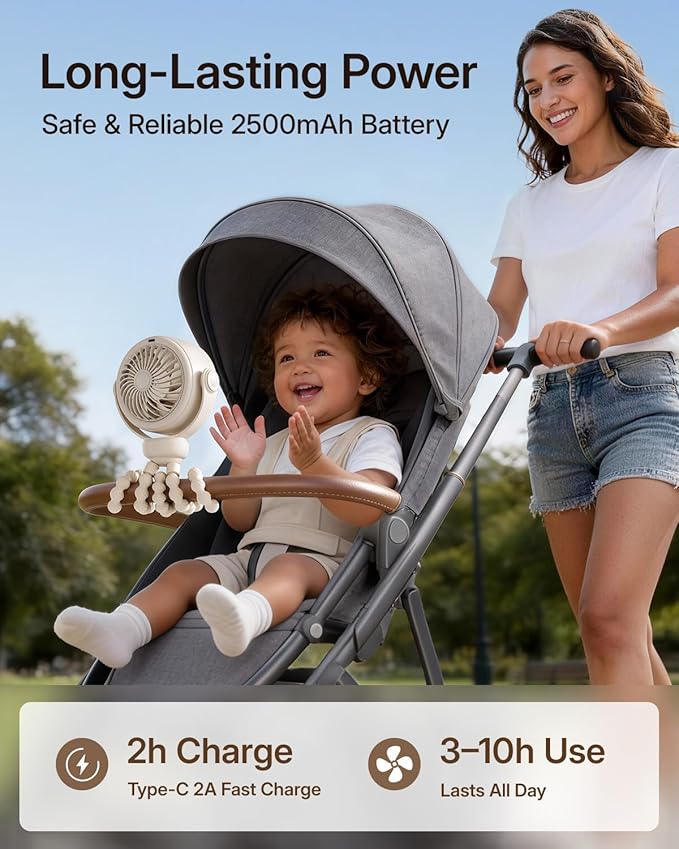 SWEETFULL Portable Stroller Fan, Pinch-Proof Baby Fan, 10H Battery, 5-Speed Quiet Mini Clip on Fan, USB-C Rechargeable with LED Display for Car Seat, Crib & Travel - Cream