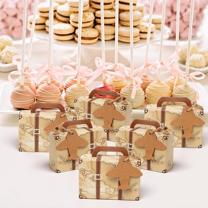 50Pcs Party Favor Candy Box, Vintage Mini Suitcase Favor Box, Kraft Paper with Tags and Burlap Twine for Travel Themed Party, Bridal Shower, Wedding Decorations